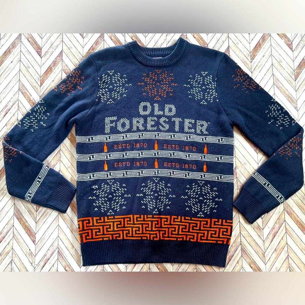 Old Forester Bourbon Mens Large Knit Sweater Dark Blue & Orange.